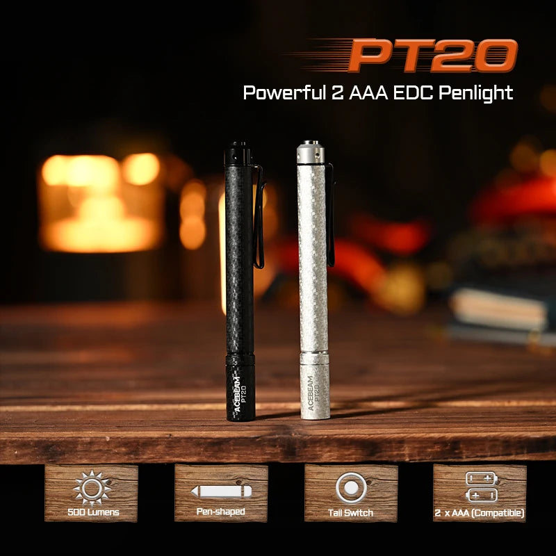 ACEBEAM PT20 penlight compact EDC flashlight 500 lumens 80 meters compatible with 2 AAA batteries 3 brightness level daily torch - Lumen X Gear