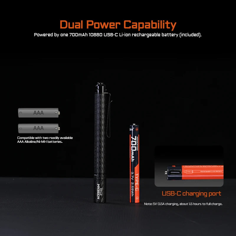 ACEBEAM PT20 penlight compact EDC flashlight 500 lumens 80 meters compatible with 2 AAA batteries 3 brightness level daily torch - Lumen X Gear