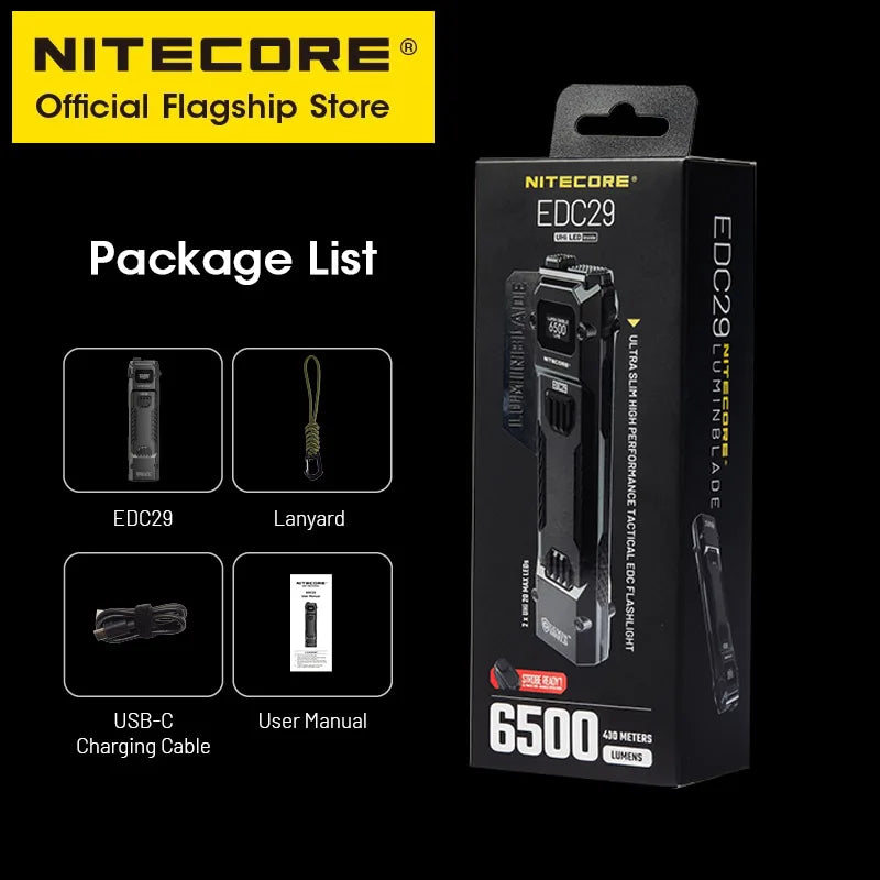 NITECORE EDC29 Utra Slim EDC Flashight 6500 Lumens USB-C Rechargeable Tactical Torch Light Built-in 2500mAh Li-ion Battery - Lumen X Gear