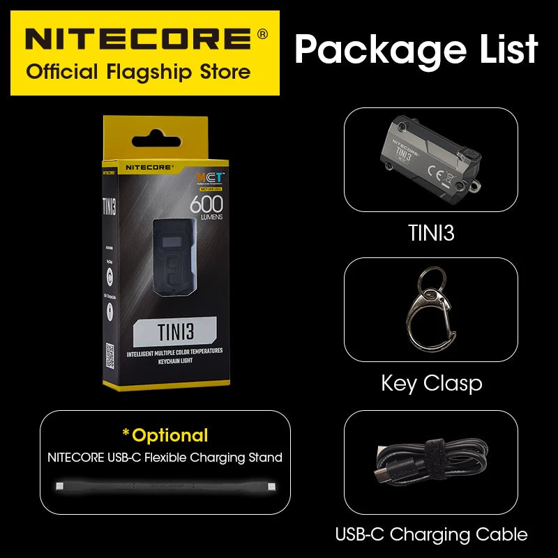 NITECORE TINI3 2025 EDC Keychain Light Mini Multiple Color Temperatures Flashlight USB-C Rechargeable 600 Lumen, Li-ion Battery