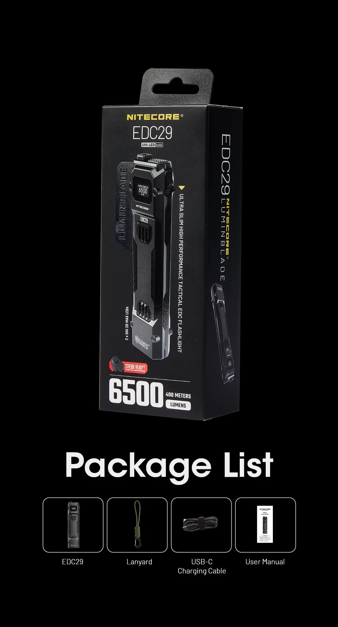 NITECORE EDC29 Utra Slim EDC Flashight 6500 Lumens USB-C Rechargeable Tactical Torch Light Built-in 2500mAh Li-ion Battery