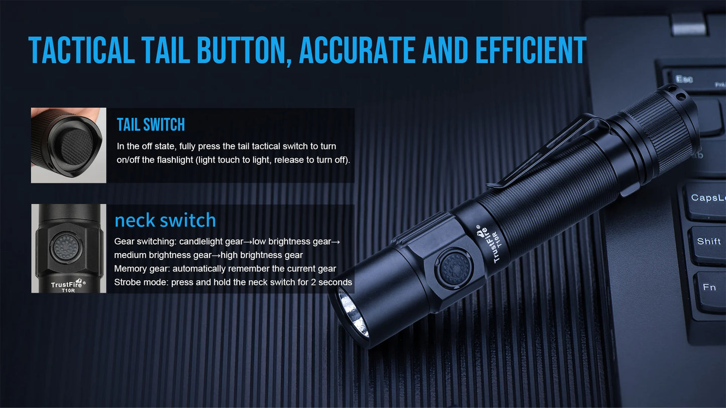 Trustfire T10R Tactical Led Flashlight 1800 Lumen Powerful Type C USB Rechargeable 18650 Torch Lamps High Power Lamp Dual Switch