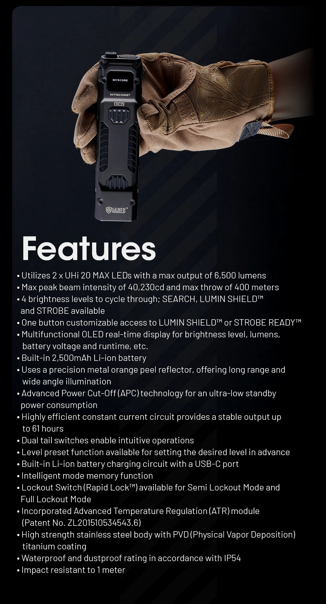 NITECORE EDC29 Utra Slim EDC Flashight 6500 Lumens USB-C Rechargeable Tactical Torch Light Built-in 2500mAh Li-ion Battery
