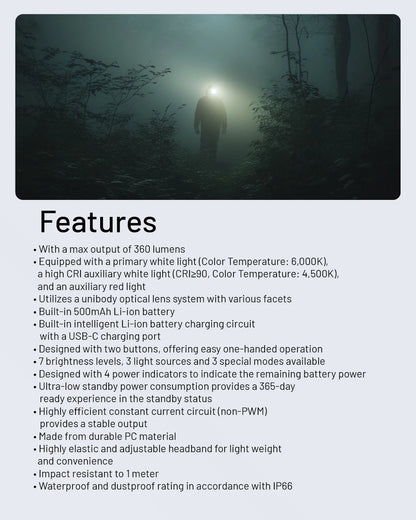 NITECORE NU20 Classic USB-C Rechargeable Headlamp 38 g Ultra Lightweight Headlight For Backpacker Outdoor Camping, Trail Running