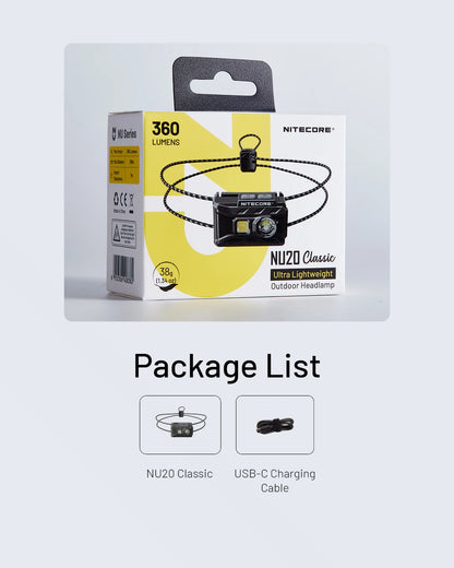NITECORE NU20 Classic USB-C Rechargeable Headlamp 38 g Ultra Lightweight Headlight For Backpacker Outdoor Camping, Trail Running
