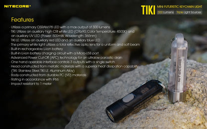 NITECORE TIKI Multi-Light Source USB-C Charge Portable EDC Camping Flashlight APC UV Mini Keychain Light Warning Signal Flashing