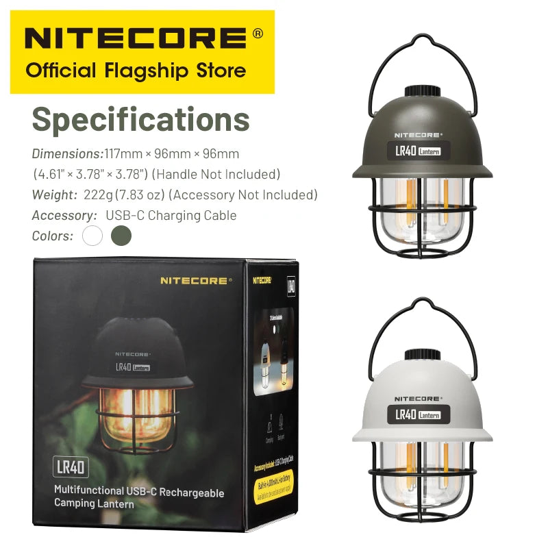NITECORE 2-in-1 LR40 Camping Light Power Bank 100 Lumen 3 Light Sources Portable LED USB-C Rechargeable Camping Tent Lantern - Lumen X Gear 