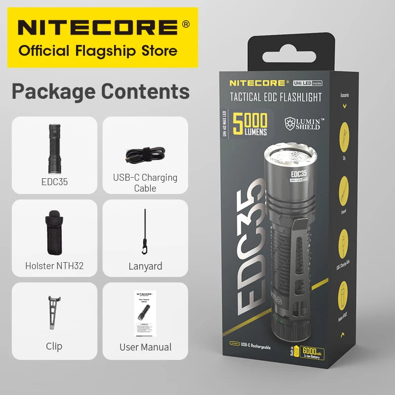 NITECORE EDC35 Tactical Flashlight EDC USB-C Rechargeable Search Torch Light 5000 Lumens UHi 40, 6000mAh 21700 Li-ion Battery - Lumen X Gear 