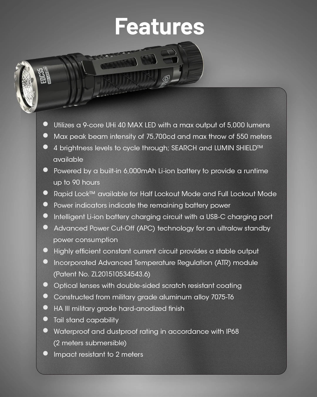 NITECORE EDC35 Tactical Flashlight EDC USB-C Rechargeable Search Torch Light 5000 Lumens UHi 40, 6000mAh 21700 Li-ion Battery - Lumen X Gear 