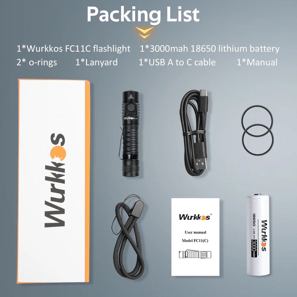 Wurkkos FC11C Nichia 519A Buck Circuit Hiking 18650 Flashlight Max ouput 1200 LM USB C Rechargeable EDC Torch Father's Day Gifts