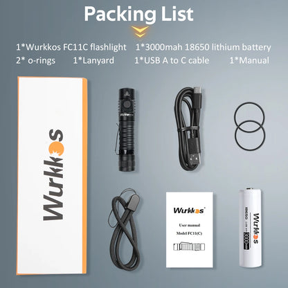 Wurkkos FC11C Nichia 519A Buck Circuit Hiking 18650 Flashlight Max ouput 1200 LM USB C Rechargeable EDC Torch Father's Day Gifts