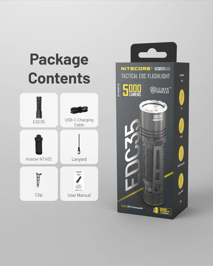 NITECORE EDC35 Tactical Flashlight EDC USB-C Rechargeable Search Torch Light 5000 Lumens UHi 40, 6000mAh 21700 Li-ion Battery