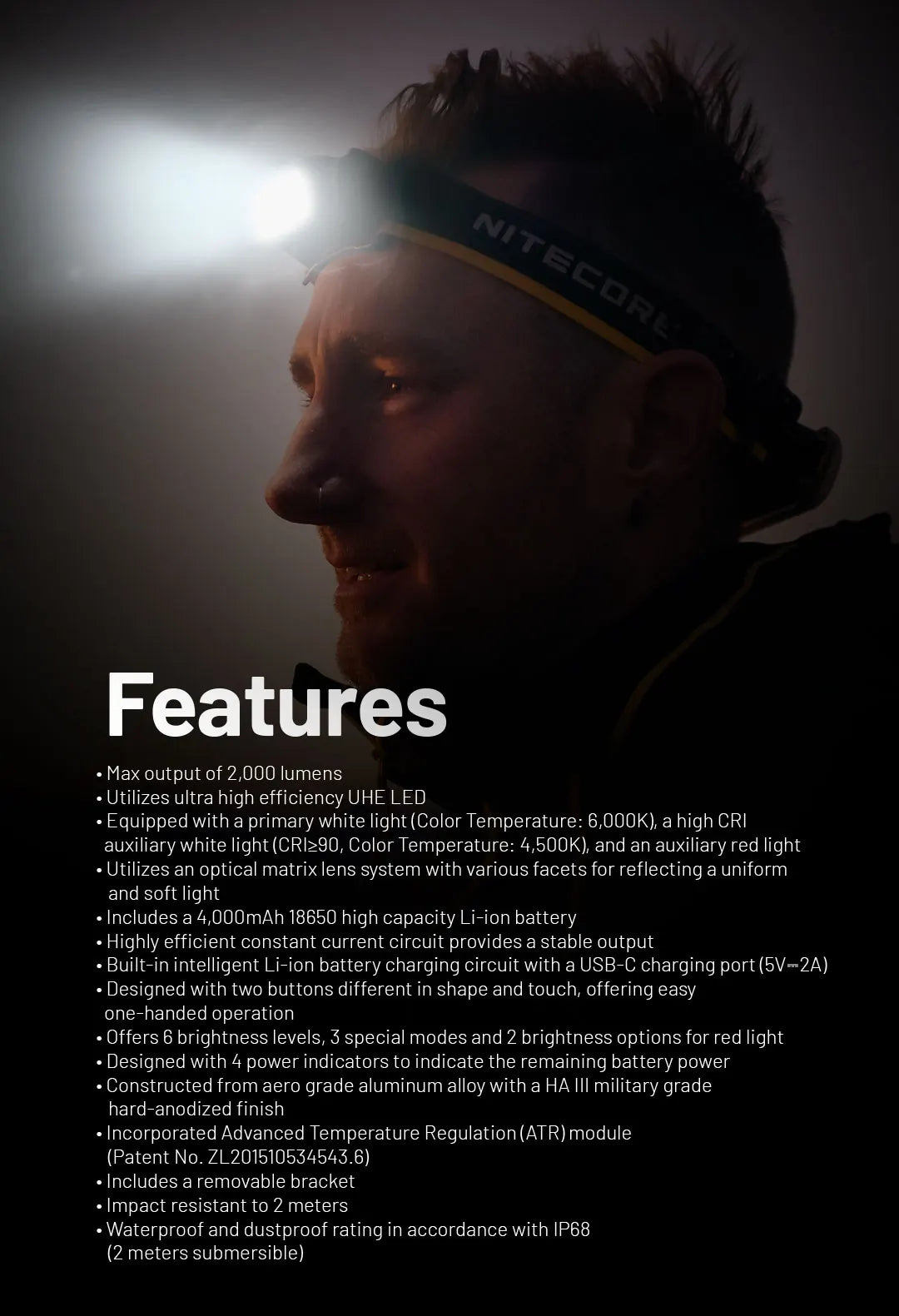 NITECORE HC65 UHE LED Headlamp 2000 Lumen USB-C Rechargeable 8 Core UHE LED Headlight Dual Beam,4000mAh 18650 Li-ion Battery