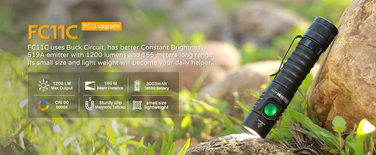 Wurkkos FC11C Nichia 519A Buck Circuit Hiking 18650 Flashlight Max ouput 1200 LM USB C Rechargeable EDC Torch Father's Day Gifts
