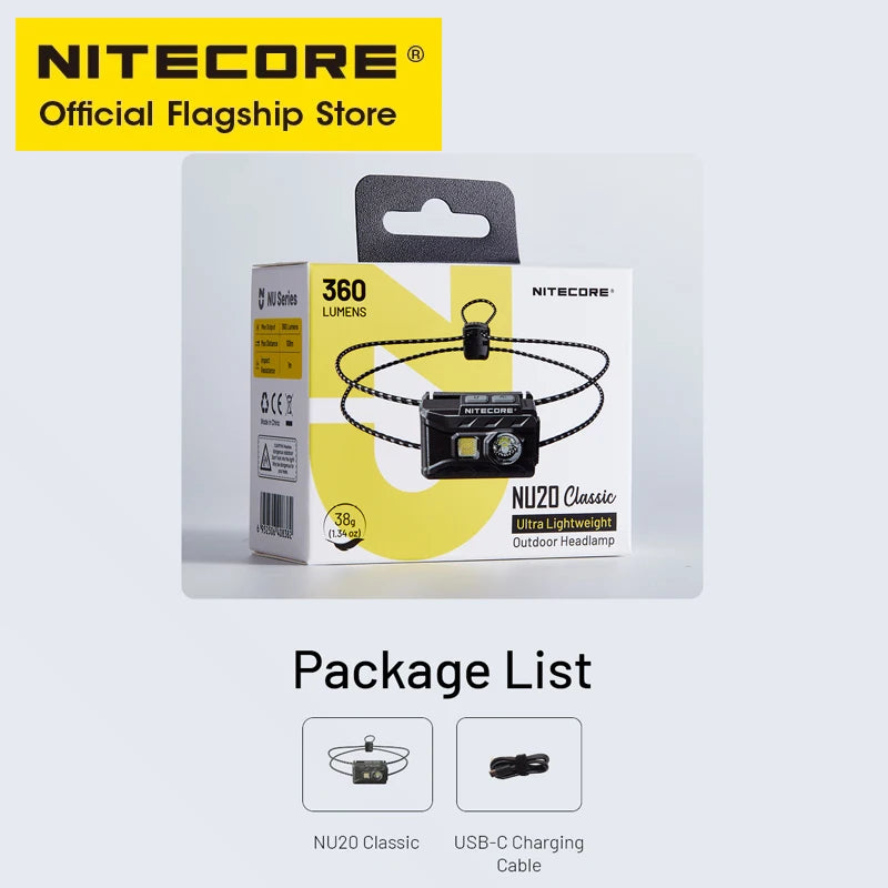 NITECORE NU20 Classic USB-C Rechargeable Headlamp 38 g Ultra Lightweight Headlight For Backpacker Outdoor Camping, Trail Running