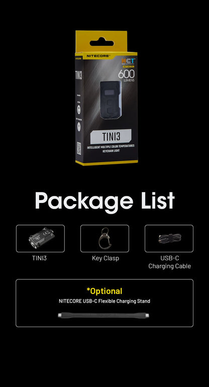 NITECORE TINI3 2025 EDC Keychain Light  Mini Multiple Color Temperatures Flashlight USB-C Rechargeable 600 Lumen, Li-ion Battery
